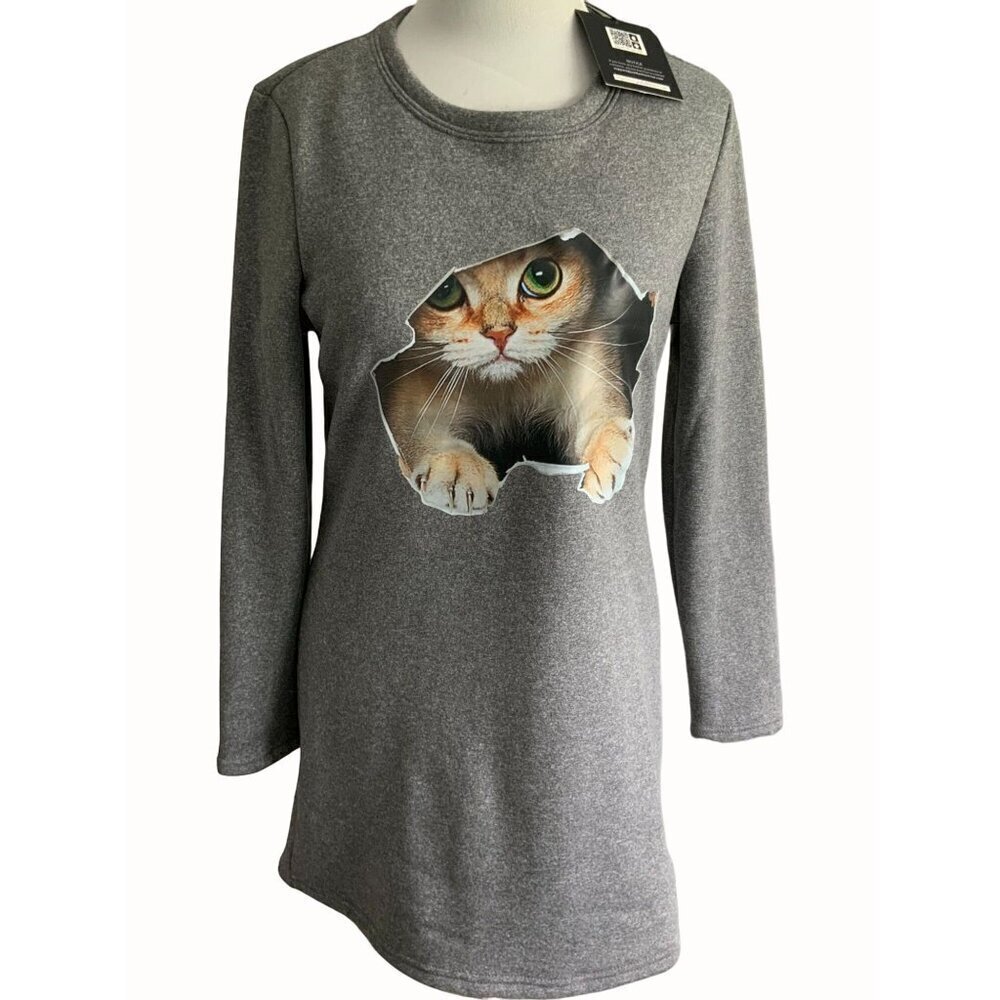JustFashionNow Cat Print Long Sleeve Heavy Gray Mini Sweatshirt Dress NEW Medium